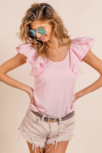 BiBi Ribbed Top Light Pink Wide Layered Ruffle Sleeve Scoop Neck Blouse de5efeb0d358414f979f8438ba31b360-Max-Origin Trendsi