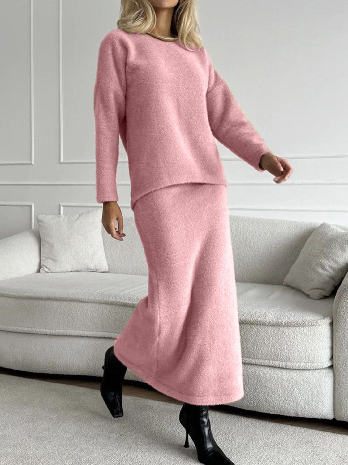 Women Sweater Set and Midi Skirt Knit 2 Pcs Soft Acrylic Long Sleeve Outfit Set Blush Pink One Size de639102-2f93-4fba-9f64-cfe593a3d2f9-Max Trendsi