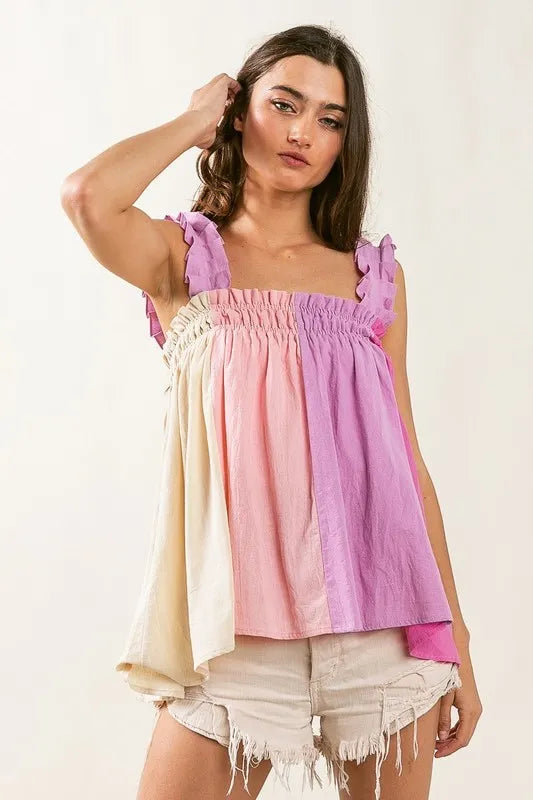 BiBi Top Frill Shoulder Strap Color Block Bodice Babydoll Blouse de6472b0-bd4c-4283-91ab-a52a050501cb-Max-Origin Trendsi