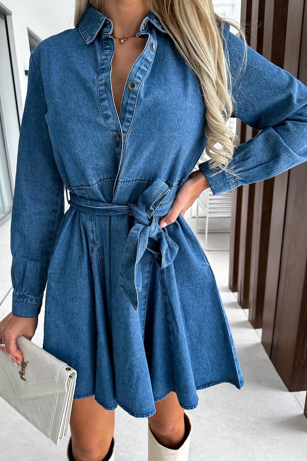 Denim Dress Tied Half Button Long Sleeve Belted Pleated de6a1939-df50-4e8d-acb3-83d55549b48c-Max Trendsi