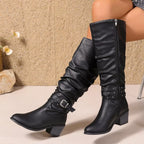 Women's Boots Pu Leather Round Toe Block Mid Heels Buckle Shoes de6ba179e3314c89901bd7acfa5617b3-Max-Origin Trendsi