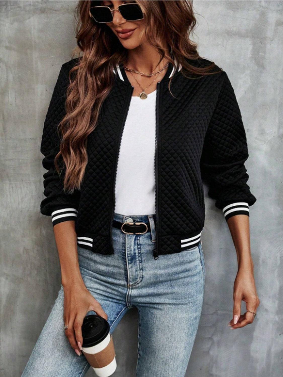 Textured Jacket Zip Up Long Sleeve Outwear Black