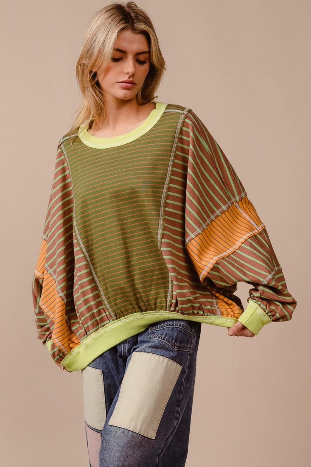 BiBi Sweatshirt Striped Color Block Round Neck USA Stock Oversized Top