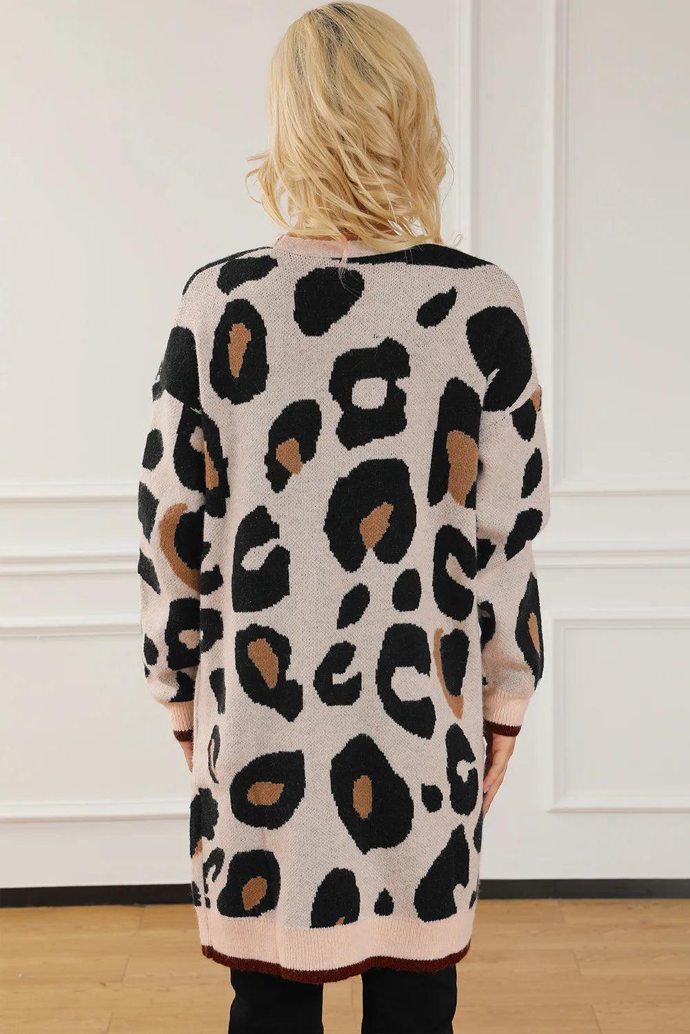 Leopard Cardigan Open Front Long Sleeve Pocketed Outwear
