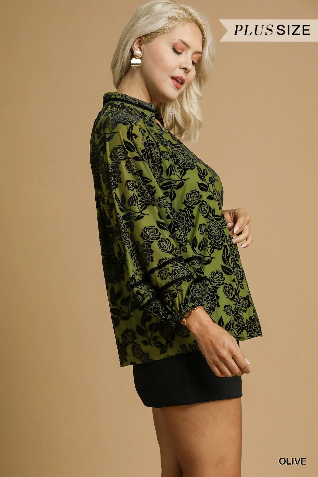 Umgee Velvet Blouse Olive Floral with Balloon Long Sleeves Top de7e588a-79e8-4f13-97cd-5fb03f2352f9-Max-Origin Trendsi