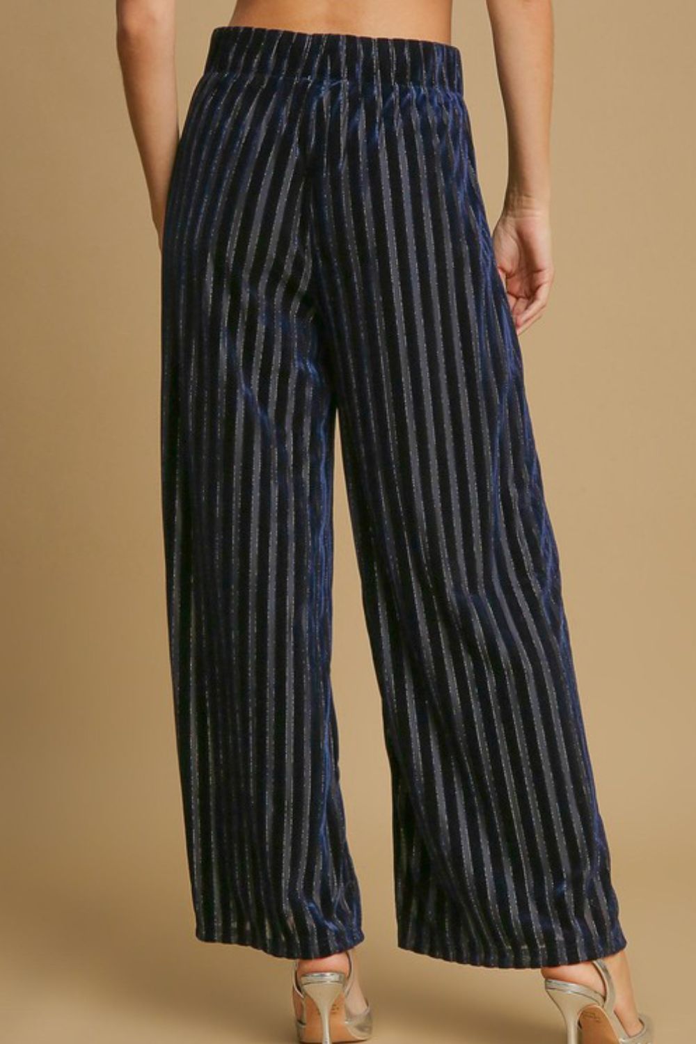 Umgee USA Velvet Pants Navy Elastic Waist Striped Wide Leg Women Trousers