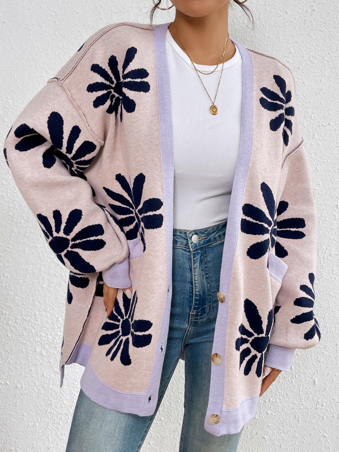 Cardigan Floral Contrast Dropped Shoulder Long Sleeve Knitwear Pale Blush de8d7887-6440-466f-b325-a108fed3c116-Max Trendsi