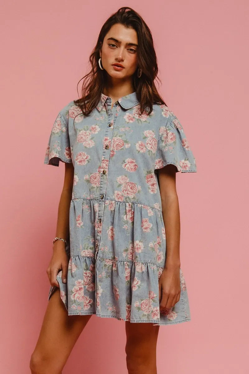 BiBi Shirt Dress Ruffle Light Denim Floral Print Washed Lightweight Tiered LT DENIM de924c289c6841229c967339daf9d355-Max-Origin Trendsi