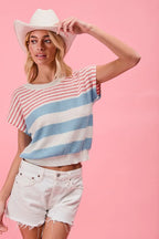 BiBi Women's Knit Top Striped Lightweight Short Sleeve Red Blue Sweater de9a513fbdf7453788b8624e40543675-Max-Origin Trendsi