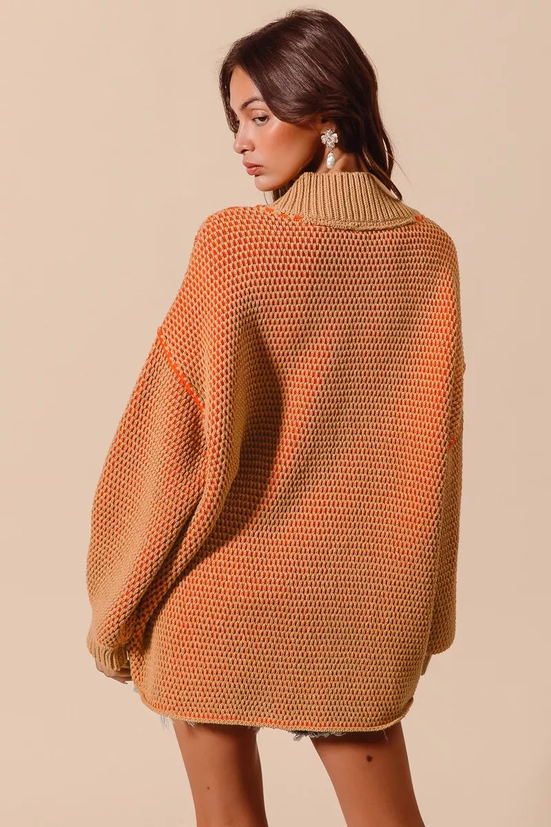 SO ME Womens Sweater Oversized V Neck Camel Orange Two Tone Textured dea1337781cb4a3ca7561a8be4185519-Max-Origin Trendsi
