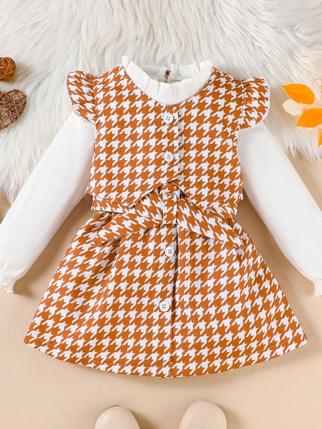 Children's Three-Piece Set: Long Sleeve Top, Houndstooth Vest, and Skirt