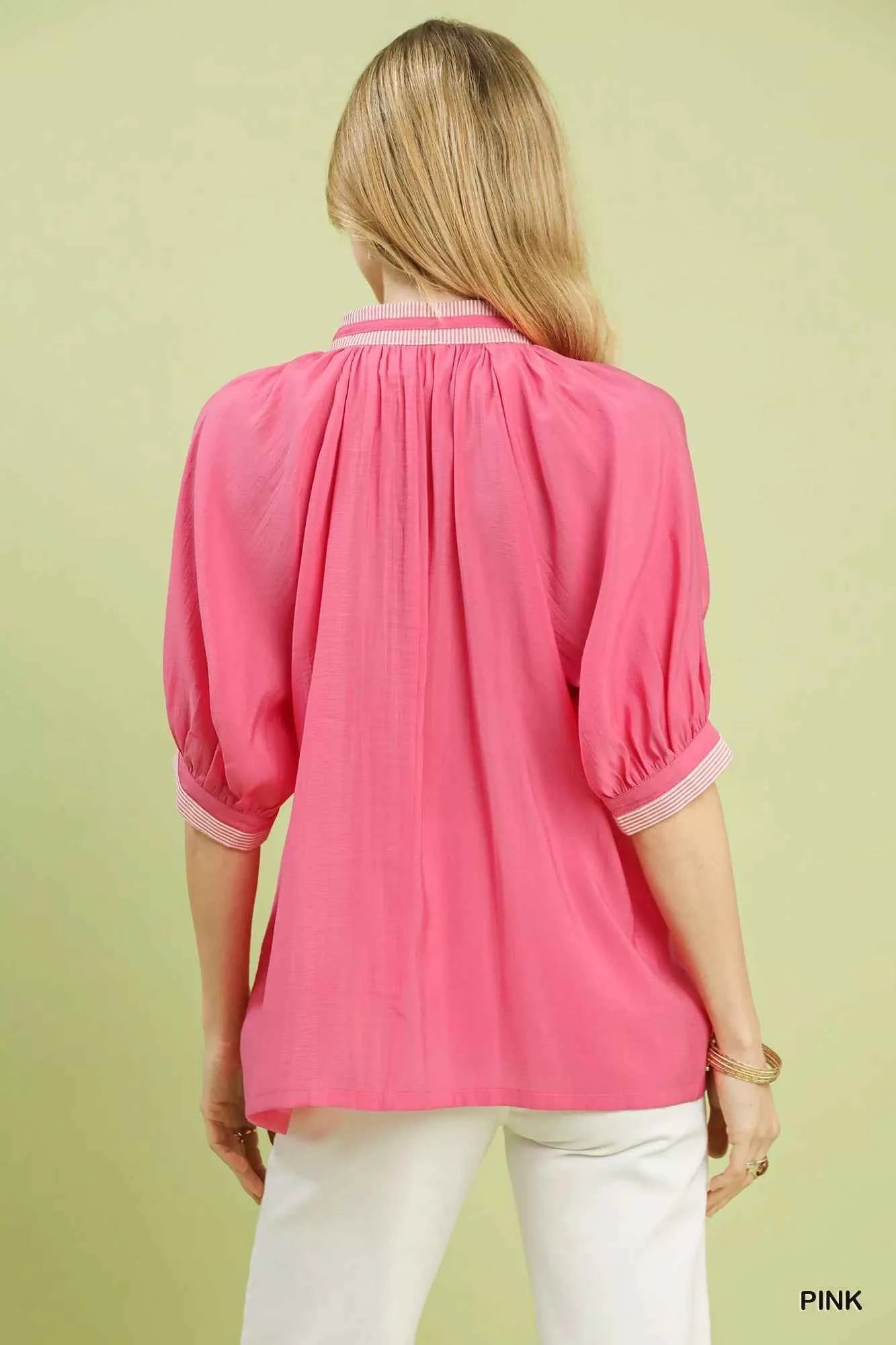 Umgee Pink Blouse Solid Contrast Lace Trim Pleated Short Sleeve Top dea520a2-a943-4349-9979-a0ea8db4254b-Max-Origin Trendsi