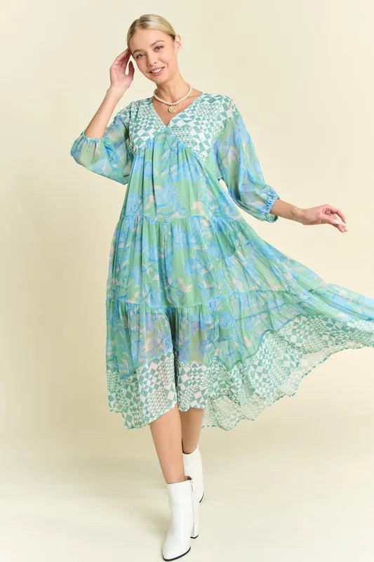 Davi & Dani Geo & Floral Print Tiered Dress