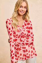 BiBi Button Down Heart Printed Mesh Shirt with Ruched Front