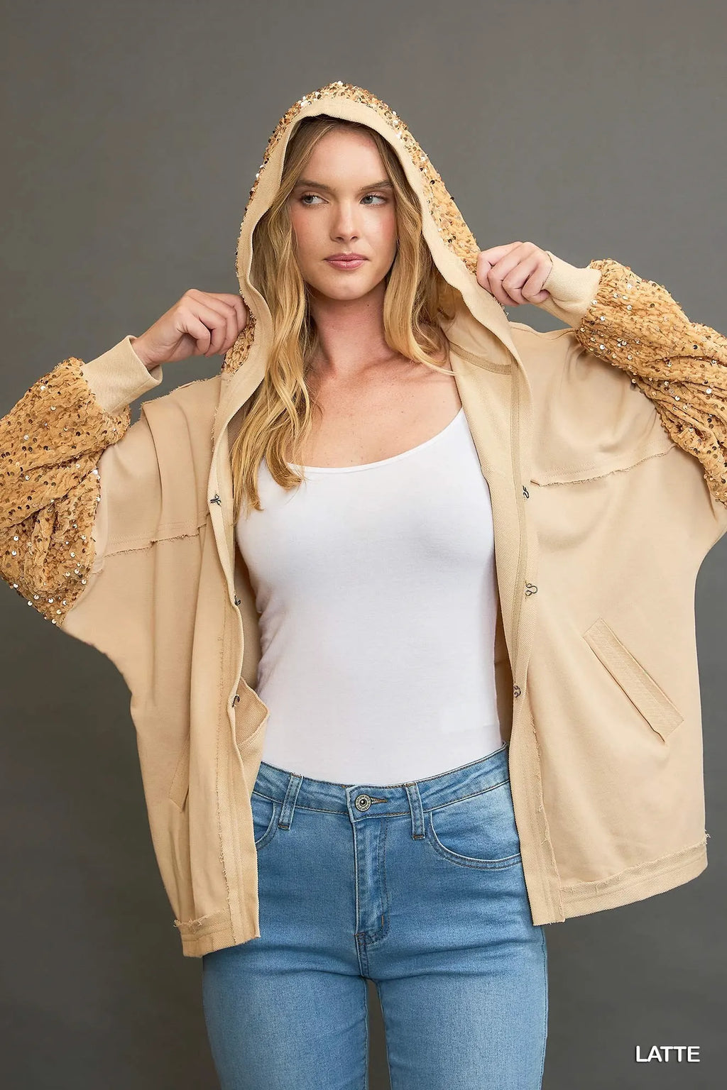 Umgee Sequined Jacket French Terry Latte Color Hooded Oversized Outwear LATTE deadab4f-c0c0-49b5-b849-e33e56dcb8cd-Max-Origin Trendsi