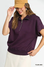 Umgee Blouse Half-Zip Short Sleeve Plum Purple Top S-2XL PLUM deb23ef0-9d32-4853-90b2-8d69a974c4b6-Max-Origin Trendsi