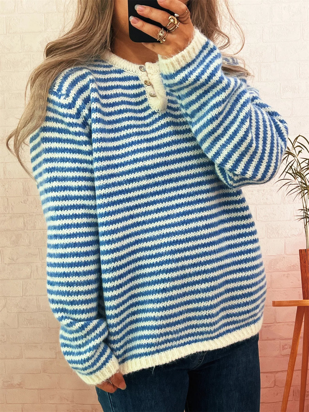 Women's Sweater Striped Button Detail Long Sleeve Pullover Blue One Size dec4ec4630b94c368418bb1b96add66d-Max-Origin Trendsi