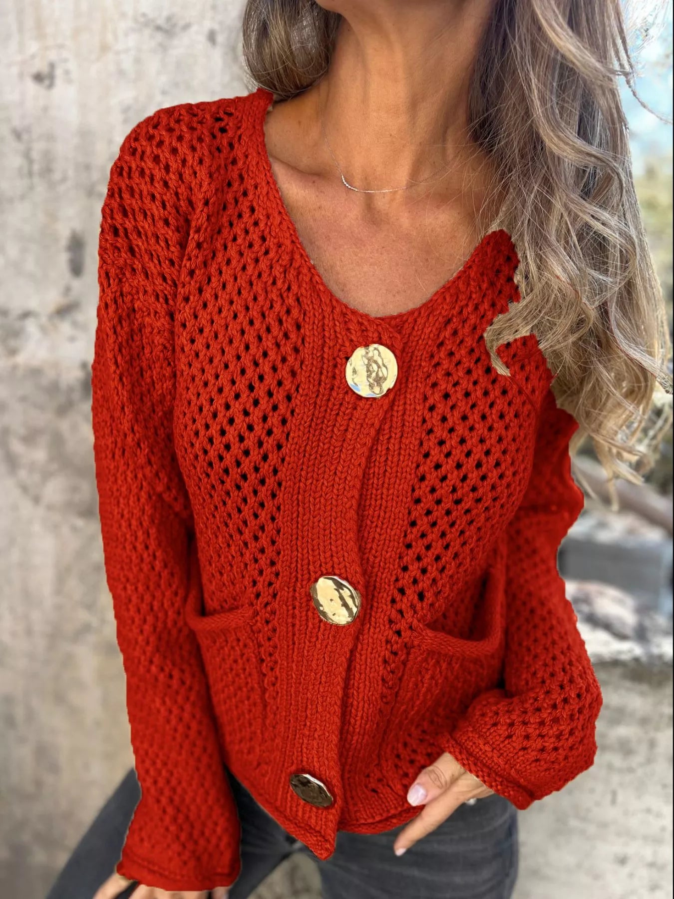 Women's Cardigan Crochet Knit Button Up Long Sleeve Red dec76912-132e-473d-8bad-1e7293e36e3d-Max-Origin Trendsi