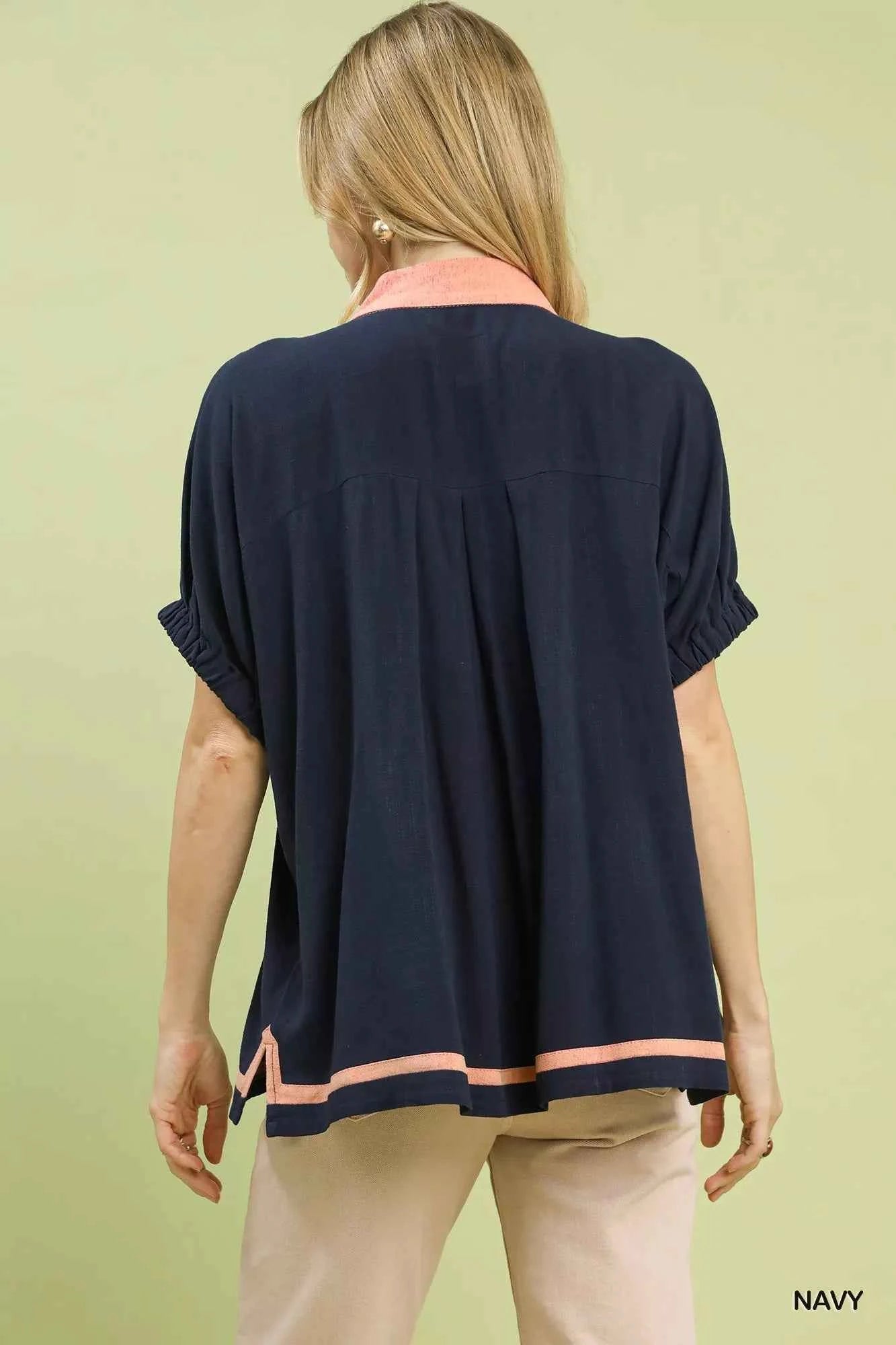 Umgee Blouse Linen Navy Blue Contrast Trim V-Neck Short Sleeve Top deccbe8a-afdc-4d31-90c7-75429a37c9b3-Max-Origin Trendsi