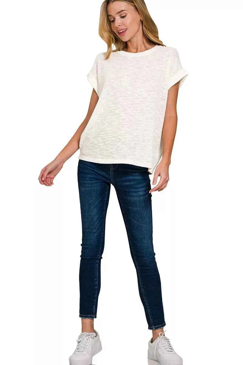 Zenana Women T-shirt Ivory Hacci Slub Rolled Up Short Sleeve Top Tee ded139f266e84af382e36c684aa0a237-Max-Origin Trendsi