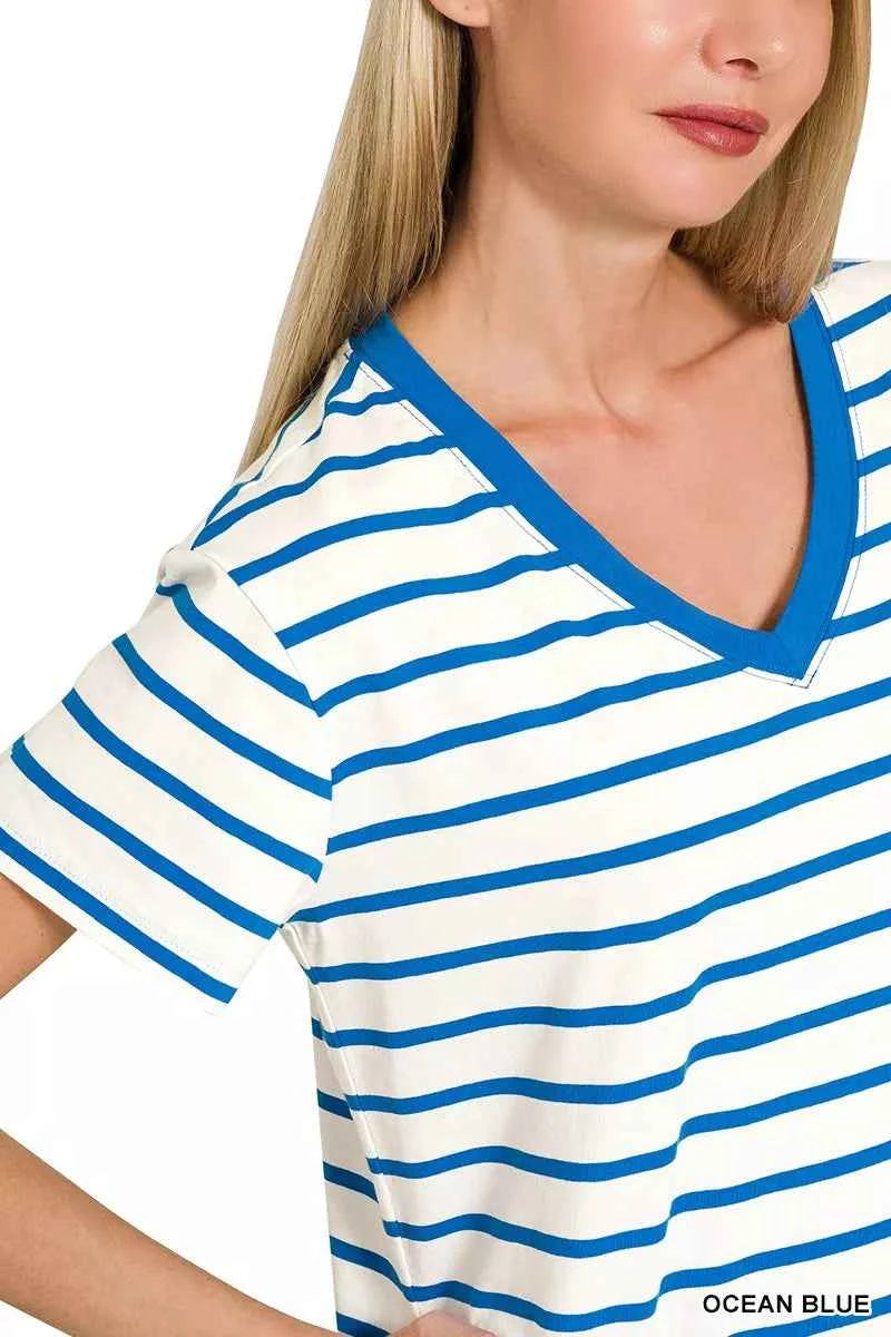 Zenana Striped V-Neck Short Sleeve T-Shirt