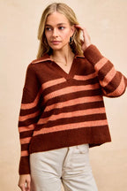 BiBi Womens Striped Sweater Top with Collar Stitched Details ded7014e5dae4b9b858b71b5758b6127-Max-Origin Trendsi