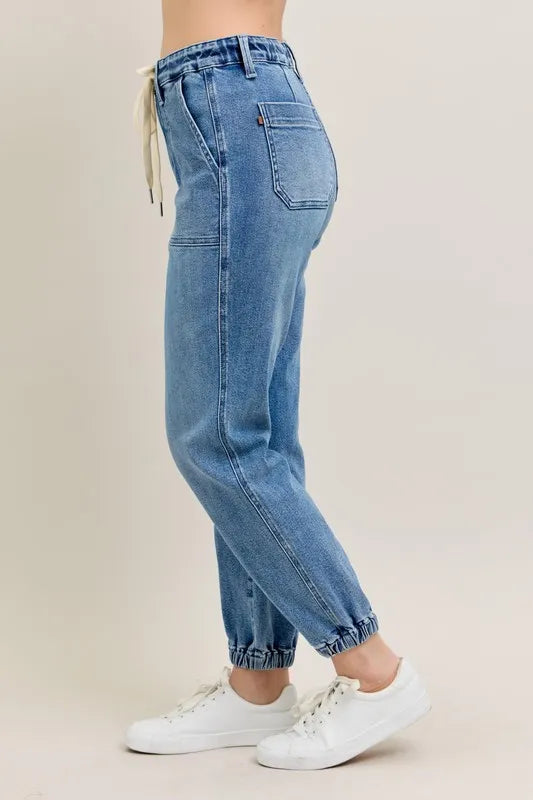 Judy Blue Denim Jogger Pants High Waist Drawstring Medium Wash ded96e0a186d4a8788c29b0962010c69-Max-Origin Trendsi