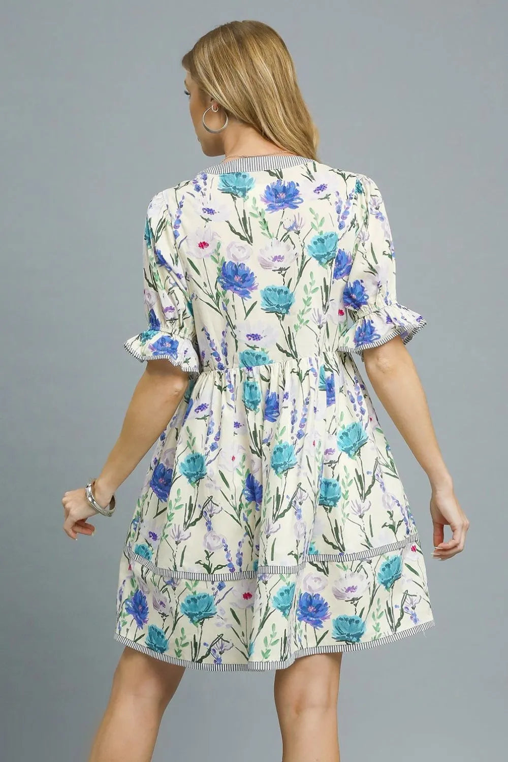 Umgee Mini Dress BabyDoll Pastel Blue Floral Striped Hem Ruffled Short Sleeve dedc055a-1ff5-4036-ac68-69b72c4cd72c-Max-Origin Trendsi