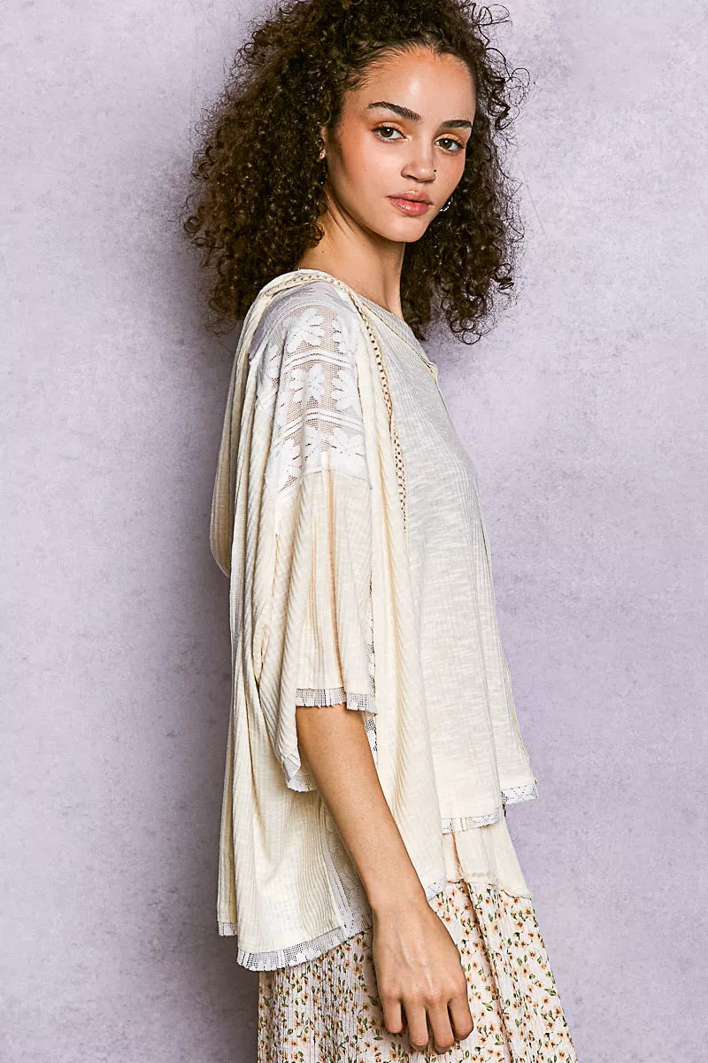 POL Womens Hoodie Cream Short Sleeve Top with Lace Detail dee2f04d-8e81-41db-80c6-85de6e93da8e-Max-Origin Trendsi