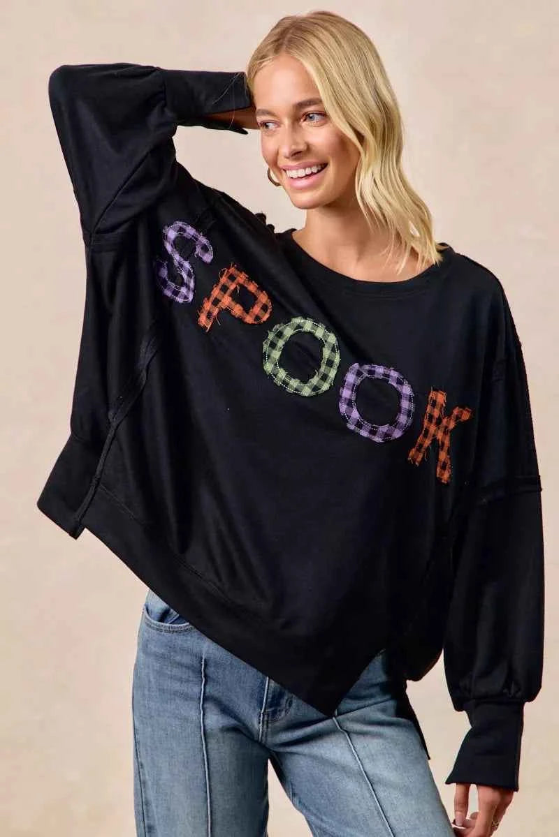 BiBi Women Sweatshirt Oversized Black Spook Plaid Letter Print Long Sleeve Top dee675409464442aac113ff5e62f2c7c-Max-Origin Trendsi