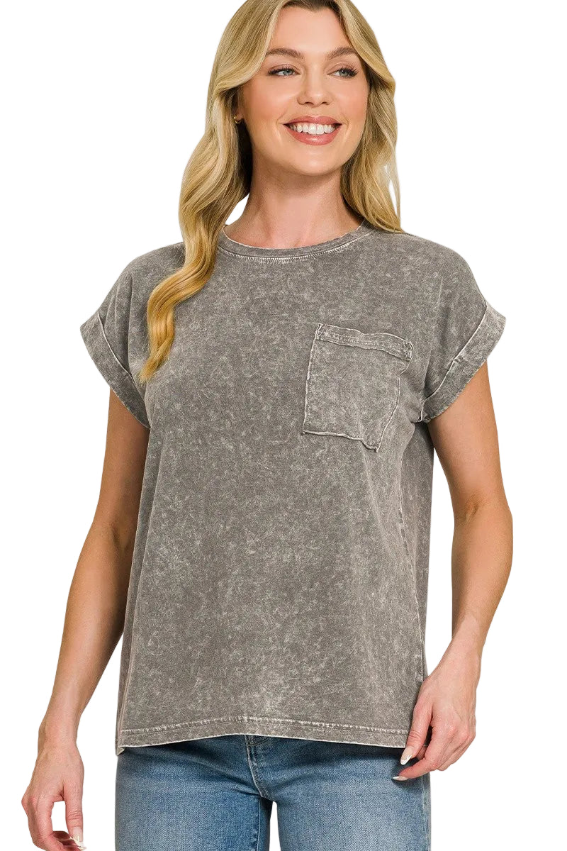Zenana Halo Snow Washed Cuffed Short Sleeve T-Shirt