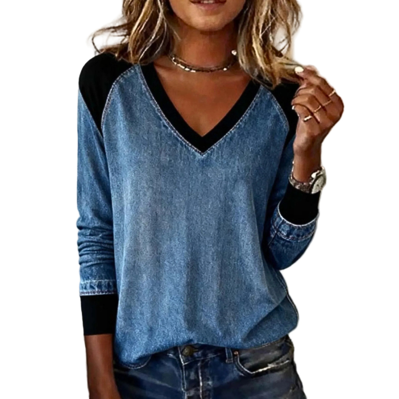 Women's Casual Blouse Denim Blue Patchwork V-Neck Long Sleeve Loose Top S-3XL