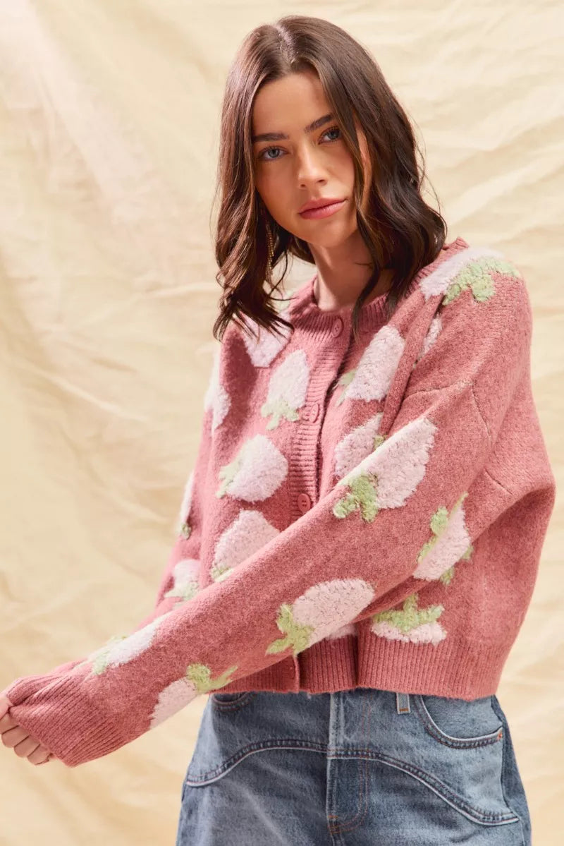 SO ME Womens Cardigan Strawberry Fruit All Over Button Sweater df00eef5b0654ed98fb8f3c10f434a50-Max-Origin Trendsi