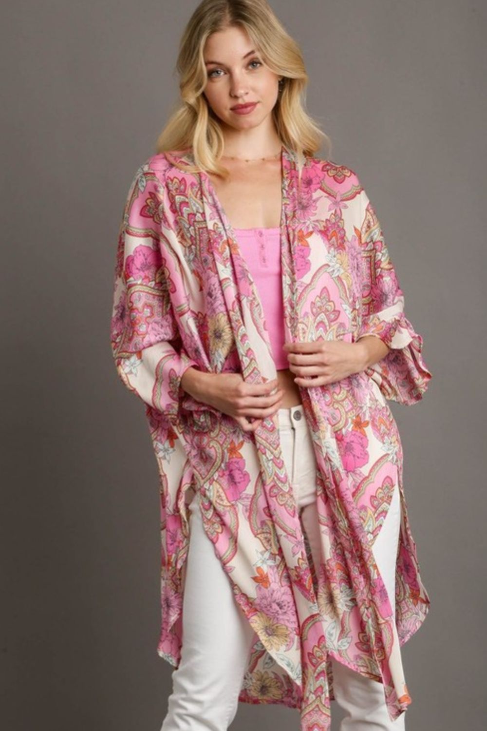 Umgee Kimono Floral Pink Mixed Print Open Front with Ruffle Sleeves df04d121-79f9-4613-9166-a572c2102756-Max Trendsi