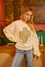 BiBi Womens Sweatshirt Cactus Embroidered Cream Fleece Pullover df12743669c04605a2b3a7968e7263c9-Max-Origin Trendsi