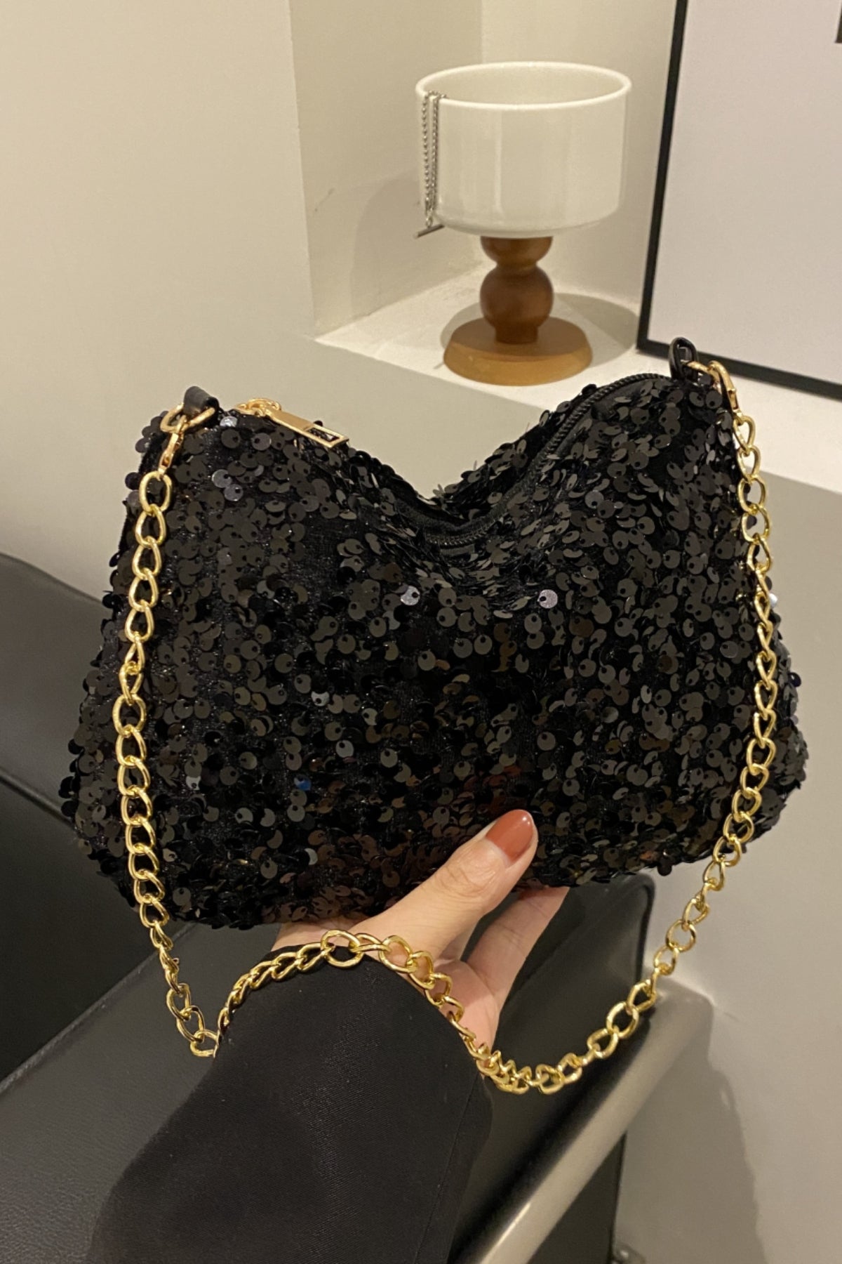 Sequin Shoulder Bag Women Small Chain Metal Strap Zipper Purses