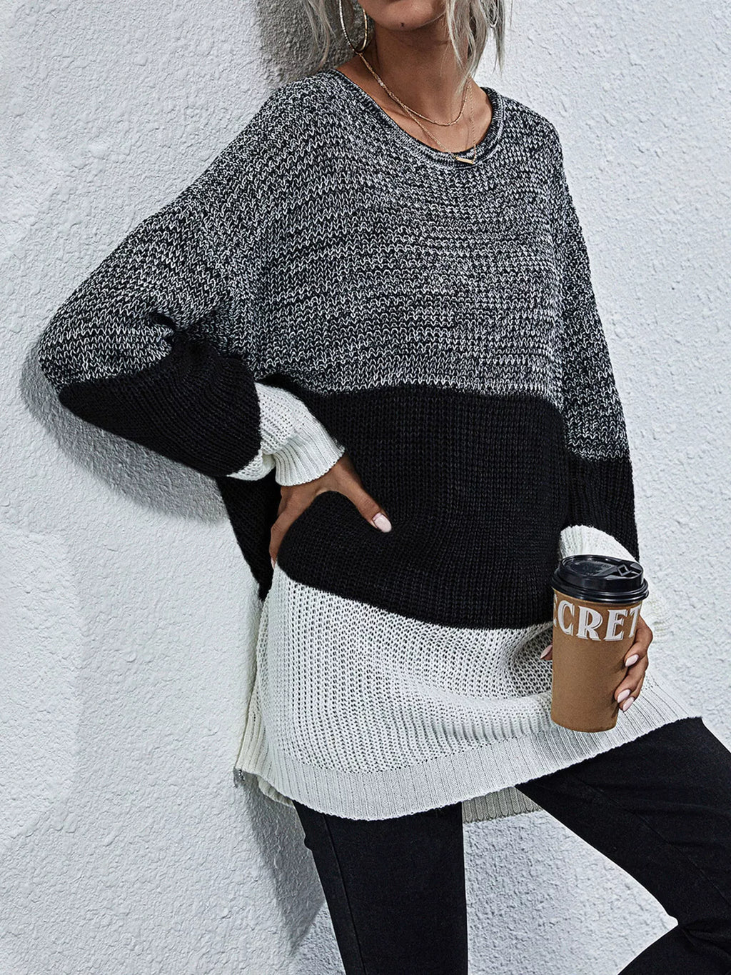Women's Oversized Sweater Color Block Stripe Knit Round Neck Long Sleeve df1eda92215d4e2ba90686c84ef662b6-Max-Origin Trendsi