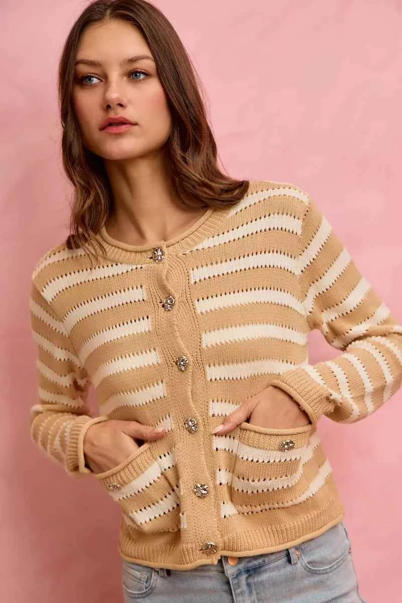 SO ME Women Sweater Cardigan Stripe White Beige Long Sleeves Buttoned df22470b611340ecb09278889dcebc2f-Max-Origin Trendsi