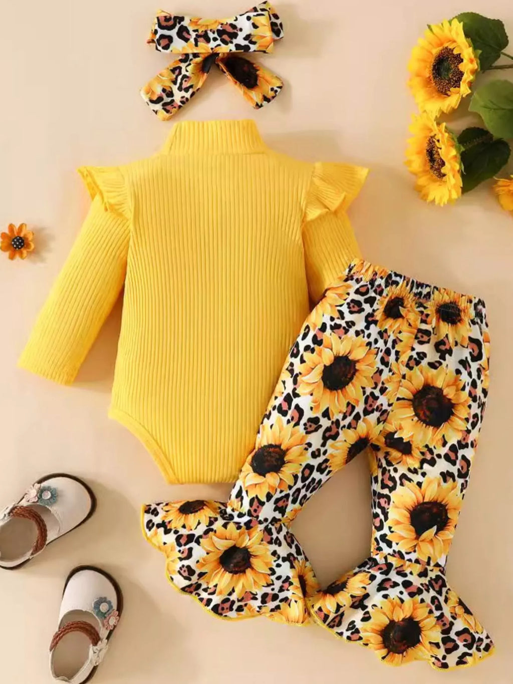 Girl's Baby Outfit Set Yellow Sunflower Ruffled Bodysuit and Pants for Children df22625a-9cc4-4eb2-bd16-f8cee5523926-Max-Origin Trendsi