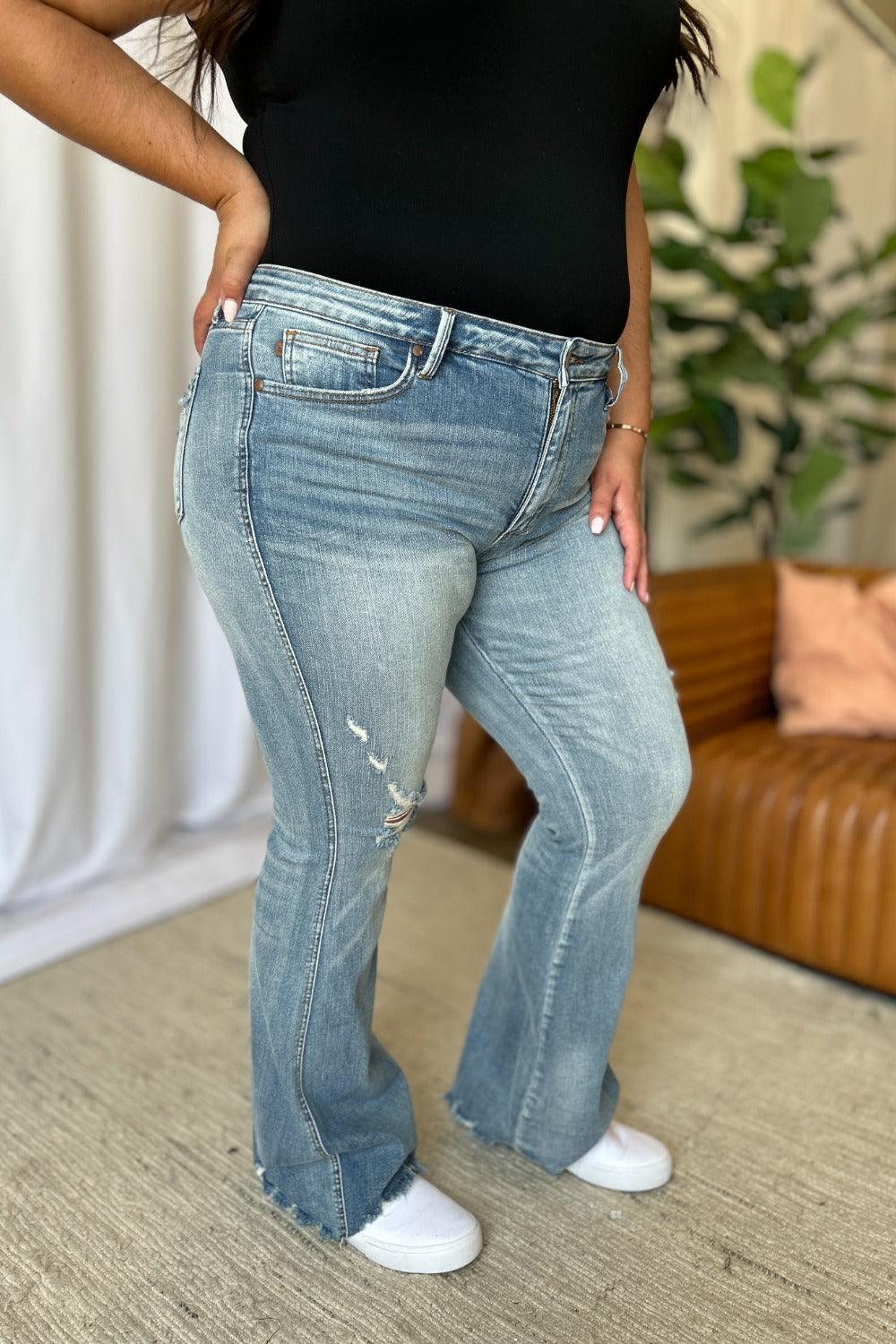 Judy Blue US Flare Jeans Medium Rise Tummy Control Destroy Denim Pants df269d1f-4b1f-48ba-8393-2a57634842b6-Max Trendsi