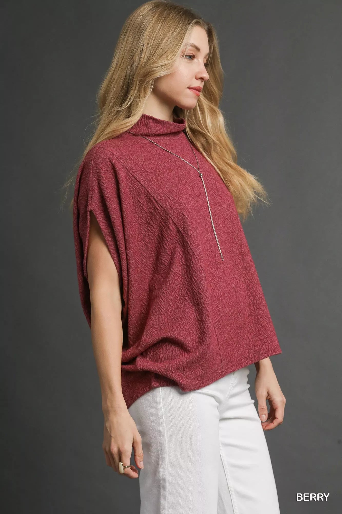 Umgee Womens Blouse Berry Textured Mock Neck Relaxed Top