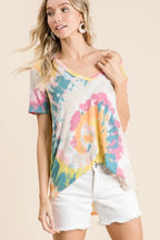 BiBi Circular Tie Dye Print Womens Blouse V Neck Top Short Sleeves df4e17998c874ceeab246116e037957e-Max-Origin Trendsi