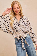 BiBi Womens Crop Shirt Polka Dot Print Tie Hem Detail Long Sleeve Top df50598431ca42d987329362408068cf-Max-Origin Trendsi