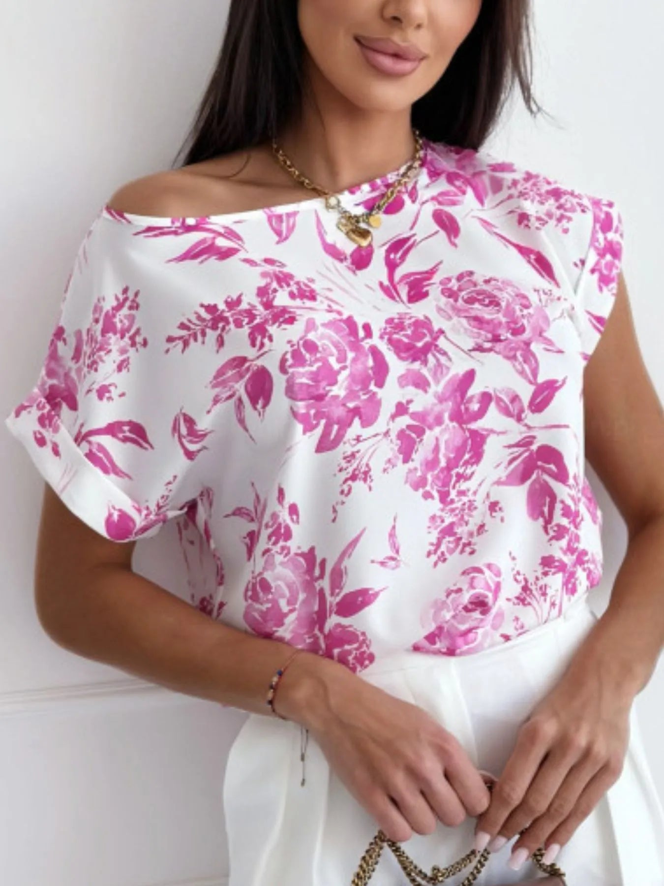 Women's T-Shirt Classic Rolled Tab Sleeve Floral Solid Tops df51f10e-e276-46bb-aaf7-e98c3fc6751a-Max-Origin Trendsi