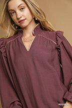 Umgee Womens Blouse Ruffle Shoulder Long Sleeve Red Bean Top df5a07a0-b3e7-41ef-9d28-5aea8596cdf8-Max-Origin Trendsi