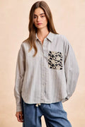 BiBi Womens Gray Stripe Shirt Black Flower Jacquard Knit Patch Pocket Top GREY BLACK df5bdabc029c425e8200b5b32988443b-Max-Origin Trendsi