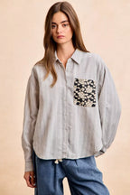 BiBi Womens Gray Stripe Shirt Black Flower Jacquard Knit Patch Pocket Top GREY BLACK df5bdabc029c425e8200b5b32988443b-Max-Origin Trendsi