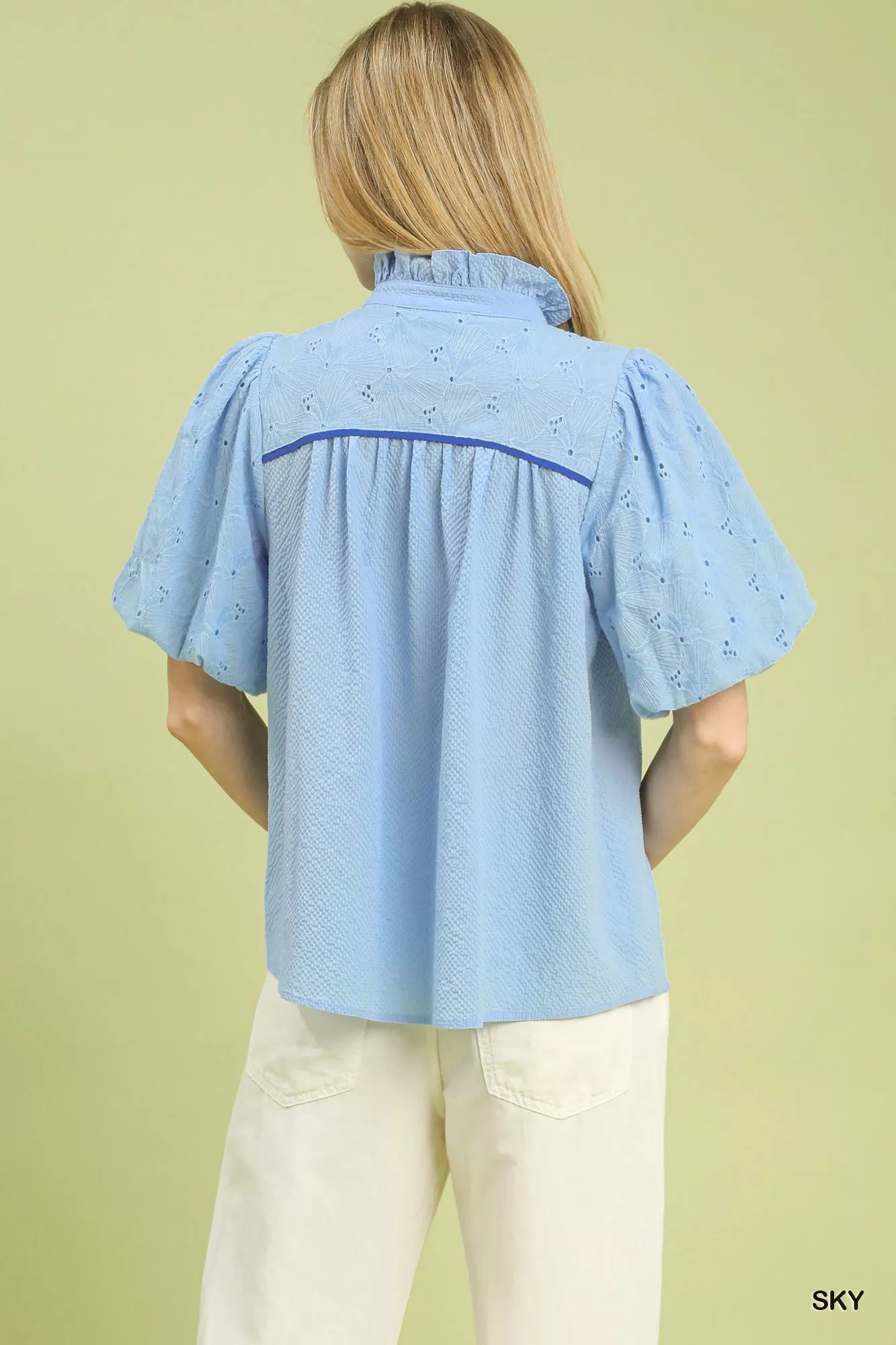 Umgee Blouse Sky Blue Eyelet Mix Top Puff Short Sleeve with Contrast Piping df5e2a54-7a48-496f-9338-1e2d51b49ef1-Max-Origin Trendsi