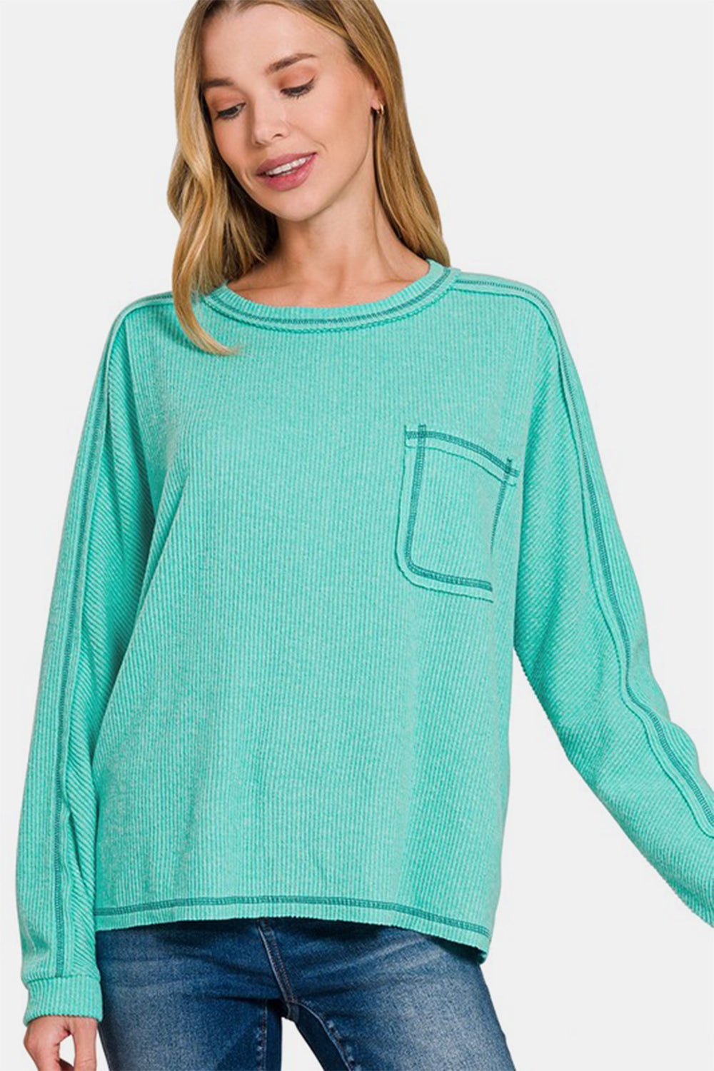 Zenana Knit Top Turquoise Contrast Stitching Brushed Ribbed Hacci Plus Size Turquoise df5ec8c6-a7cb-4116-88e9-b86682f9c264-Max Trendsi