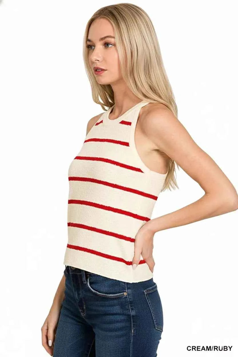 Zenana Women Knit Tank Top Cream Ruby Stripe Sweater Sleeveless Top df768138-4559-43f5-9a5b-e2cb6973f290-Max-Origin Trendsi